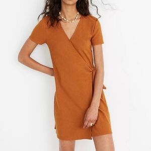Madewell Texture & Thread Mustard V Neck Wrap Side Tie Mini Dress